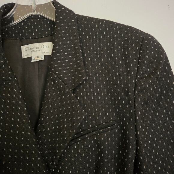 Vintage Christian Dior 80s Wool Blazer 6 Black White Dot Cropped Double Breasted - Picture 5 of 14